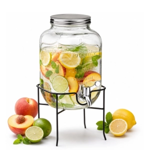 Słój Szklany na Lemoniadę 4L z Kranikiem i Metalową Zakrętką + Stojak - PEACH