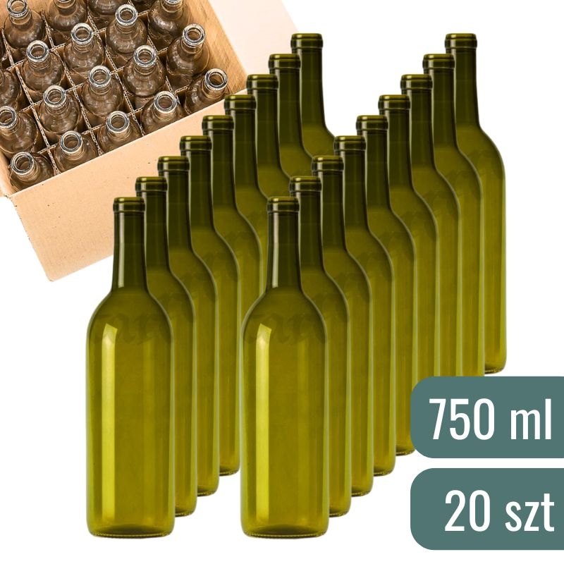 Butelka na wino oliwkowa 0,75 L – zestaw 20 szt Bordeaux