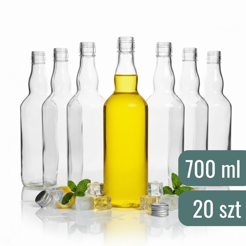 Butelka monopolowa 700 ml – zestaw 20 sztuk z kratownicą. Klasyczne butelki szklane do nalewek, wódki i alkoholi domowych. Gwint 28x18, zakrętka osobno.