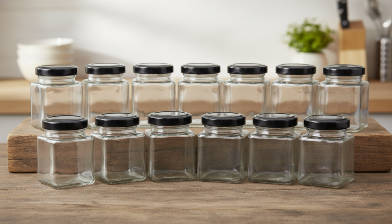 Słoiczki Kwadratowe 50 ml z Czarną Nakrętką 44 – Zestaw 12 szt